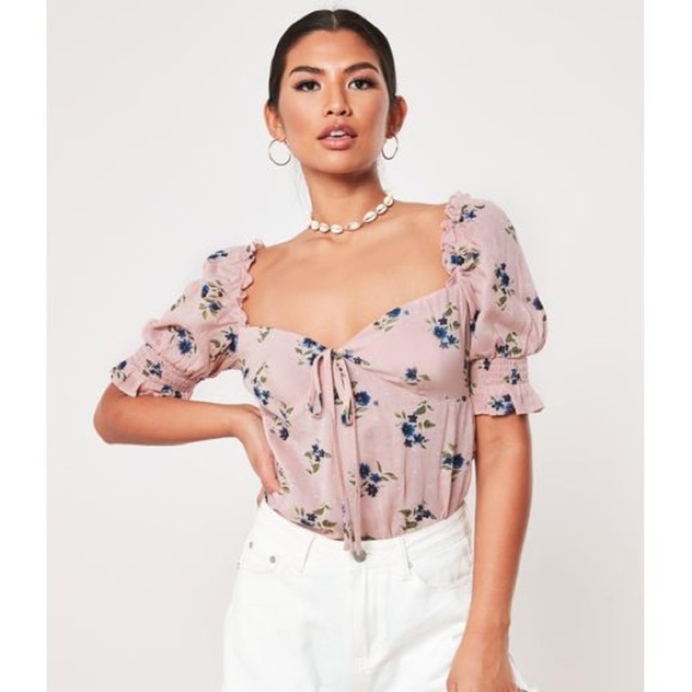 Pink Floral Print Puff Sleeve Blouse